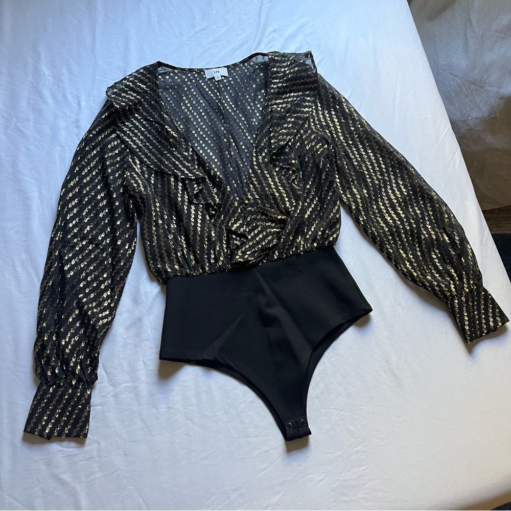 LPA black gold metallic sheer ruffle collar long sleeve surplice bodysuit